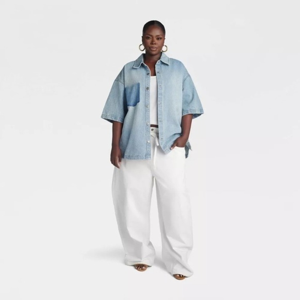 KBB KAHLANA Target 2X Plus Short Sleeve Boxy Denim Shirt Light Wash Jean Jacket - Picture 4 of 9